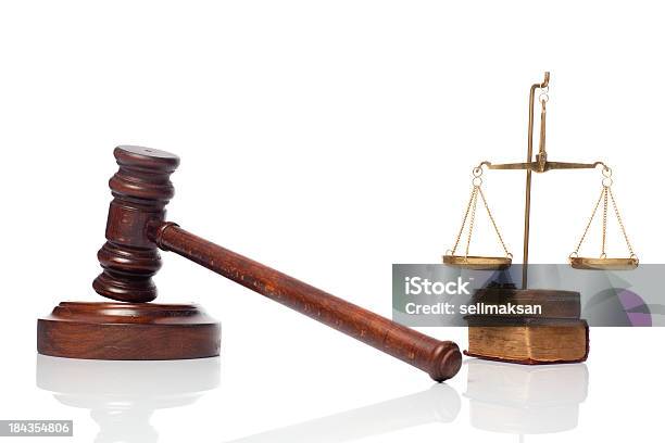Gavel Scale Of Justice And Constitution Book On White Background Stock Photo - Download Image Now