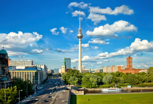 Aerial View of the TV tower and Berlin town hall, view to East Berlin, Germany 