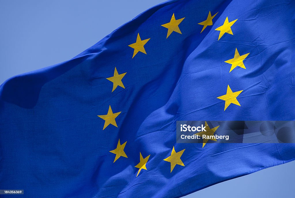 EU flag closeup Flag of the European Union Clear Sky Stock Photo