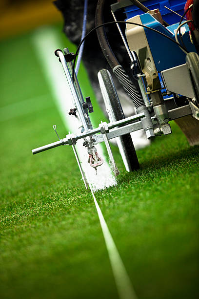 quadro de grama com grama linhas em um campo de esportes - soccer field pre season green sport - fotografias e filmes do acervo