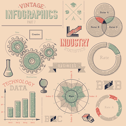 Vintage infographics design elements. Grunge texture placed in separate layer. Fully editable vector illustration.
