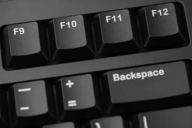 "Function keys of black computer keyboard (F9, F10, F11, F12). Close-up."
