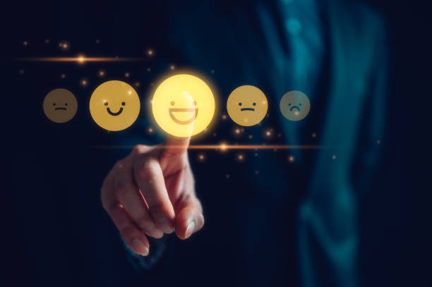istock feedback customer service satisfaction survey concept, hand pressing on virtual happy emotion 1843585634