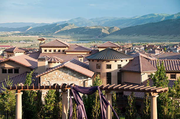 Rich neighborhood Solterra in Denver with the Rocky Mountains on the background