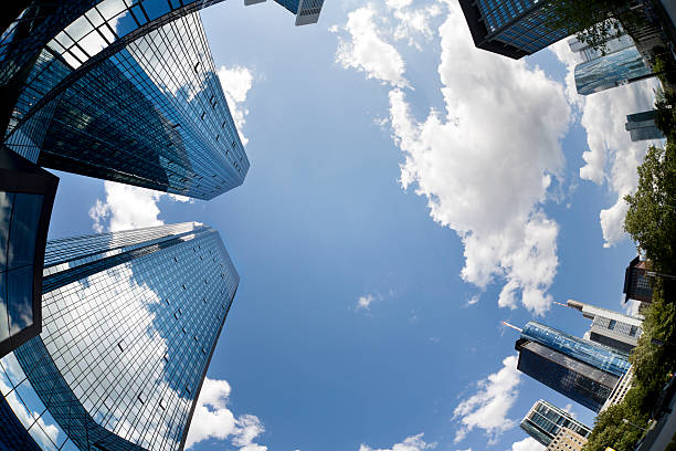 istock Financial district Frankfurt, fish-eye lens, copy space 184358885