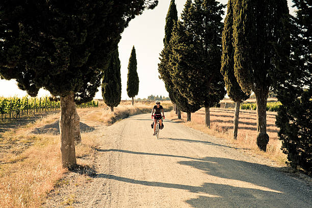 Young Woman Riding a Bike in the Countryside of Tuscany On the bike trough the Chianti Region chianti region stock pictures, royalty-free photos & images