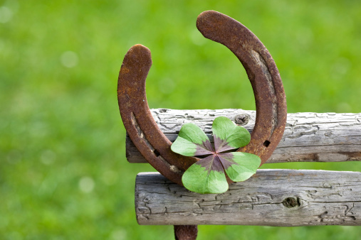 Old rusty horseshoe on a wooden wall. Symbol of luck.