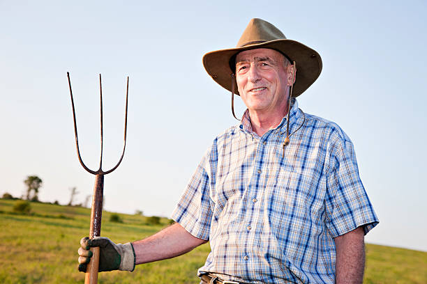 istock Senior farmer against blue sky 184359312