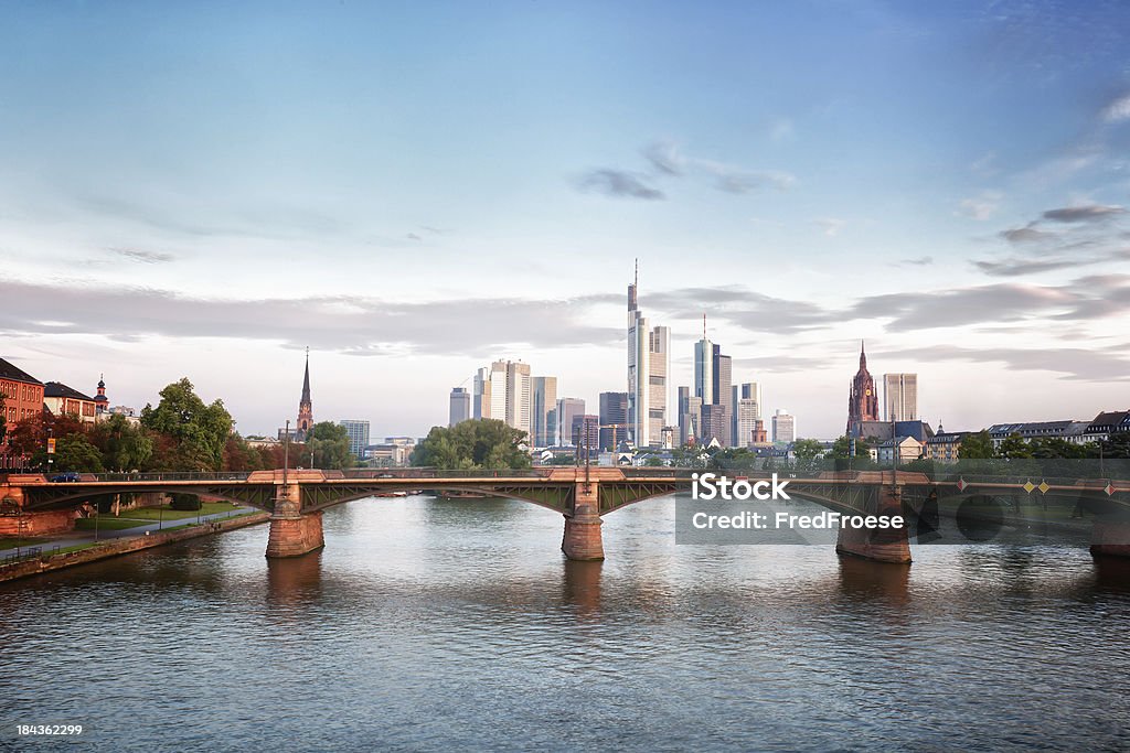 Frankfurt Skyline in the morning light "Skyline Frankfurt and main river, Germany" Downtown District Stock Photo