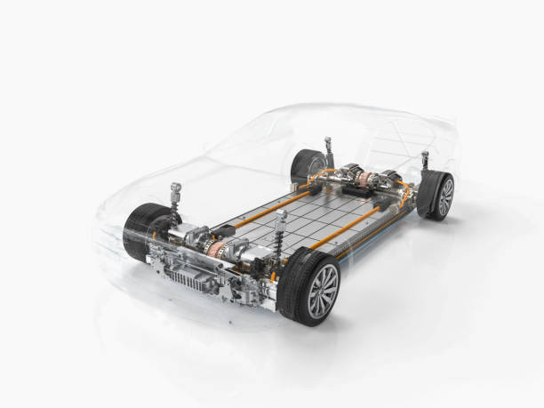 istock Electric car battery with pack of battery cells module on platform 1843624593
