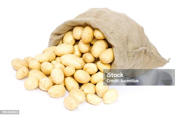 Sack Of New Potatoes Isolated On White Stock Photo - Download Image Now - Raw Potato, Sack, Bag