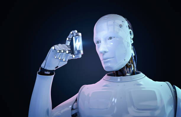 istock Automatic recharge battery with li-ion or rechargeable batteries with assistant robot 1843628192