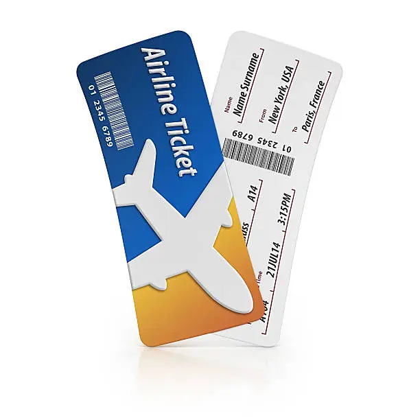 isolated two airline tickets.3d render.All data is faked.