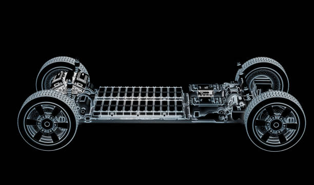 istock Ev car or electric vehicle structure with pack of battery cells on platform 1843630789