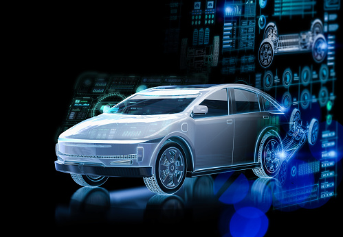 3d rendering ev car or electric vehicle with digital graphic interface