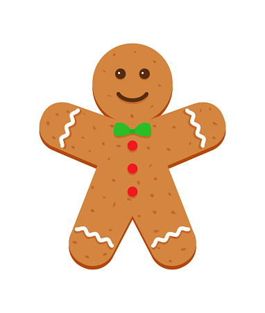 Gingerbread man with green butterfly tie and red buttons. Xmas biscuit isolated on white background. Classic Christmas cookies. Cute ginger bread character in flat cartoon design. Vector illustration.