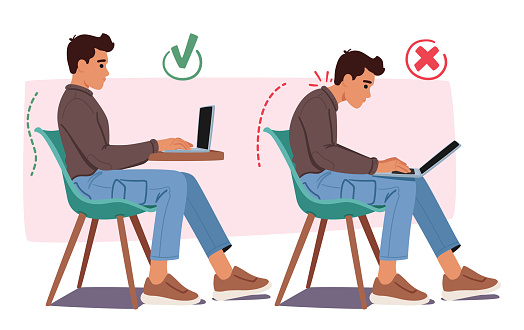 Man Bad and Good Poses for Working on Pc. Wrong, Hunched Back And Cramped Shoulders. Proper, Straight Back, And Relaxed Shoulders, For Ergonomic Laptop Use, Promoting Better Posture And Comfort