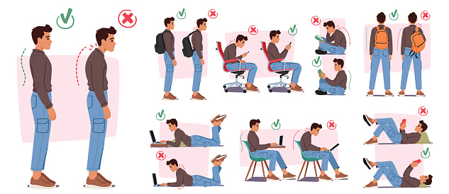 Man with Wrong Body Postures Include Slouching And Hunching, Leading To Discomfort. Proper Postures Involve Sitting Or Standing With A Straight Spine, Promoting Comfort, And Preventing Health Issues