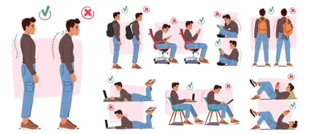 Vector illustration of Man with Wrong Body Postures Include Slouching And Hunching, Leading To Discomfort. Proper Postures With Straight Spine