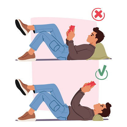 Male Character Reading, Lying on Pillow in Right and Wrong Postures. Improper, Slouching With Rounded Shoulders. Proper, Hands Upright front of Eyes Level, Maintaining A Healthy Spine Alignment