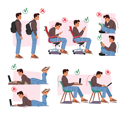 Man perform Wrong and Right Body Postures for Reading, Working on Laptop, Using Smartphone and Carrying Rucksack. Male Character Promoting Prevention Health Issues. Cartoon People Vector Illustration