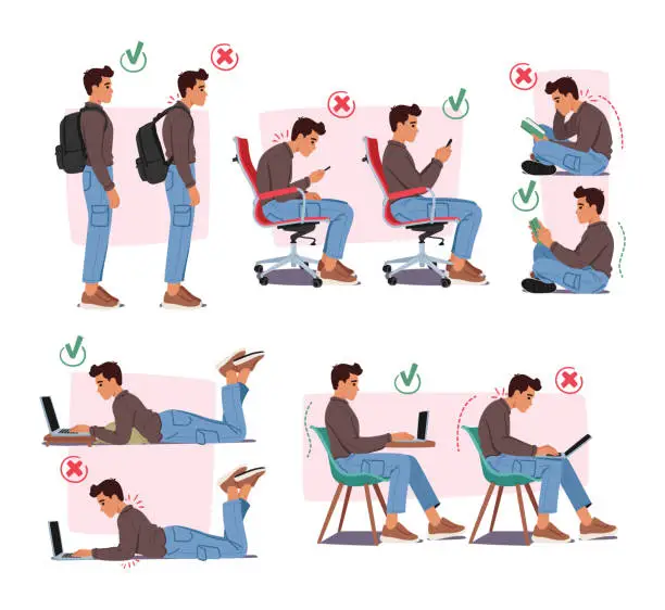 Vector illustration of Man Perform Wrong And Right Body Postures For Reading, Working On Laptop, Using Smartphone And Carrying Rucksack
