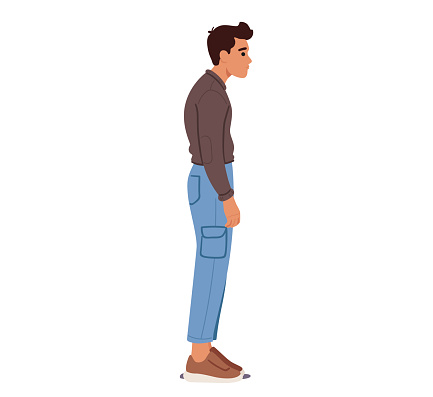 Male Character Awkwardly Slouched With Hunched Shoulders, The Figure Exhibits A Wrong Standing Body Posture, Creating A Misalignment That Hints At Discomfort And Lack Of Proper Spinal Alignment