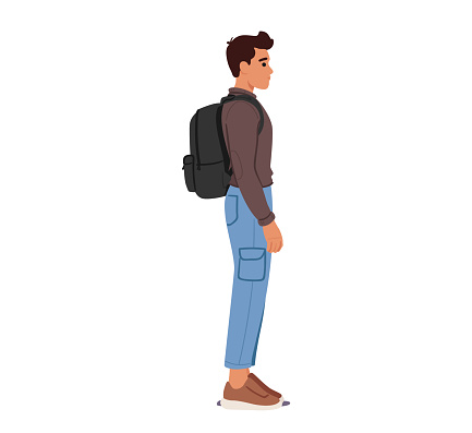 Male Character Stands Tall With Shoulders Back, Head Aligned With Spine. Backpack Snugly Positioned, Straps Adjusted. Maintain A Balanced Posture For Comfort And Spine Health. Vector Illustration
