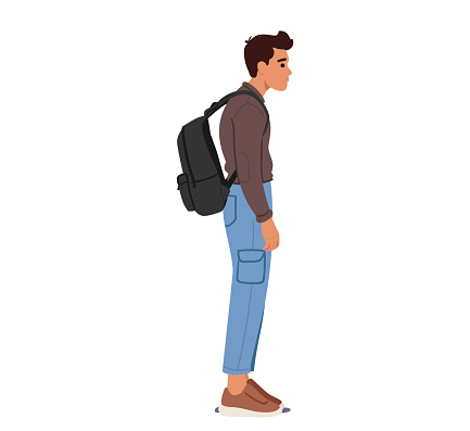 Male Character Displays A Hunched Posture Under The Weight Of A Backpack, Shoulders Slouched Forward. The Misaligned Stance Hinted At Discomfort And Potential Strain On The Spine. Vector Illustration