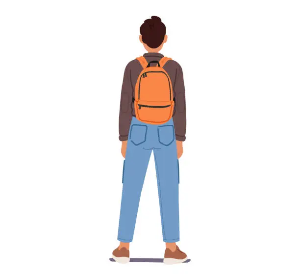 Vector illustration of Male Character Strikes A Confident Pose With A Rucksack Snugly Strapped To His Back. Man With Shoulders Squared