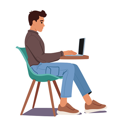 Proper Pose, Male Character Sits With A Straight Back, Elbows At 90 Degrees, And Eyes At Screen Level, Wrists Neutral, And Take Breaks For Ergonomic Laptop Use. Cartoon People Vector Illustration