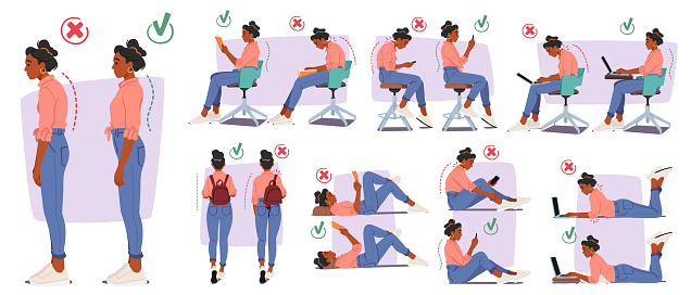 Woman with Wrong Body Postures Include Slouching And Hunching, Leading To Discomfort. Proper Postures Involve Sitting Or Standing With A Straight Spine, Promoting Comfort, And Preventing Health Issues