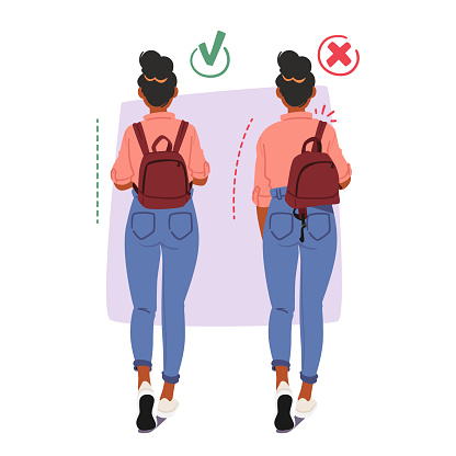 Girl Burdened By A Backpack, Displays Improper And Proper Postures. In One, she Carries Bag on One Shoulder, While In The Other, Stands Upright With Balanced Weight Distribution. Vector Illustration
