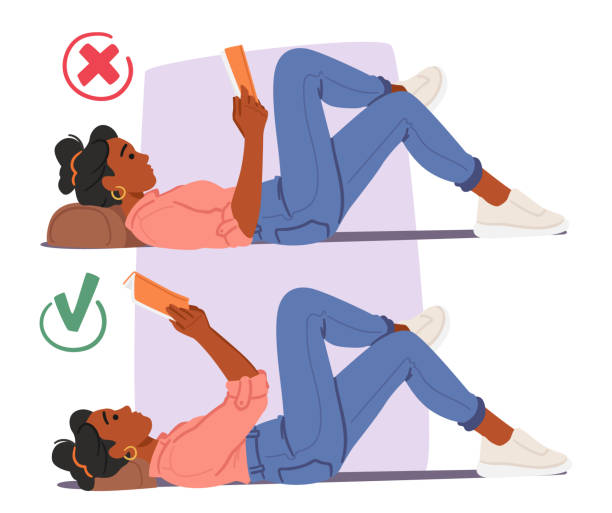 黒人女性キャラクターが枕に横たわり、正しい姿勢と間違った姿勢で読んでいます。ふさわしくなく、丸みを帯びた肩で前かがみ - lying on front lying on side lying on back lying down点のイラスト素材／クリップアート素材／マンガ素材／アイコン素材