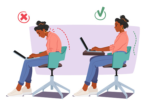 Woman Showing Bad and Good Poses for Working on Laptop. Wrong, Hunched Back And Cramped Shoulders. Proper, Straight Back And Relaxed Shoulders For Ergonomic Pc Use, Promoting Better Posture or Comfort