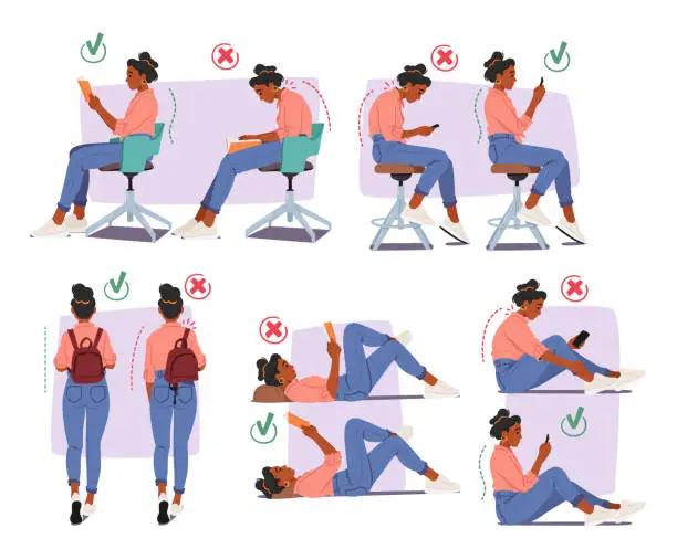 Vector illustration of Woman Perform Wrong And Right Body Postures For Reading, Using Smartphone And Carrying Rucksack, Vector Illustration