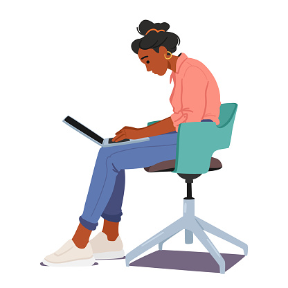 Female Character Hunched Over, Neck Strained, Shoulders Slouched, Displays Poor Body Posture While Using Laptop, Inviting Discomfort And Potential Health Issues. Cartoon People Vector Illustration