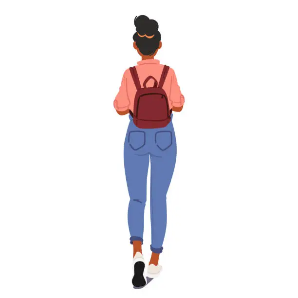 Vector illustration of Female Character Strikes A Proper Pose With A Rucksack Snugly Strapped To her Back. Woman Perform Correct Posture