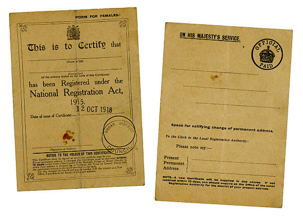 istock Old British National Registration Certificate, back and front, 1918 184363863
