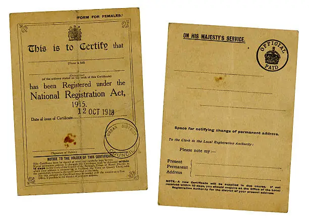 Photo of Old British National Registration Certificate, back and front, 1918