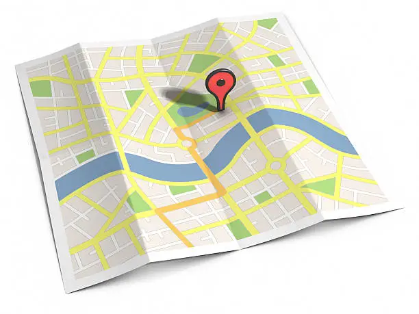 "3d render of an unfolded paper city streetmap with route & location markers, isolated on a white background."