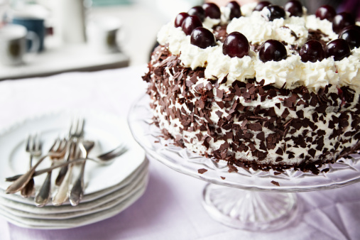 delicious homemade black forest cake on a plate of glass