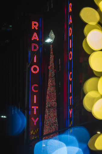 Radio City Music Hall marquee at night. December 2023. New York City, NY. USA