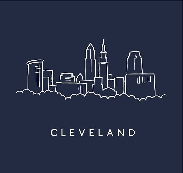 Cleveland Skyline Sketch A sketch of the Cleveland skyline on a blue background with text below ohio symbols stock illustrations