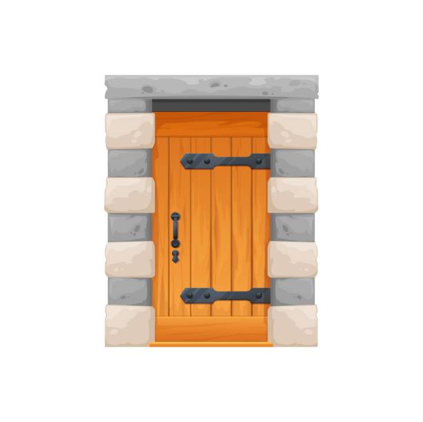 Medieval castle wooden door gate with stone arch Medieval castle wooden door gate with stone arch, cartoon vector doorway entrance. Old dungeon or antique house wood door, fortress or Medieval home cellar gate portal with iron metal handle and lock fairy door fairy tale antique stock illustrations