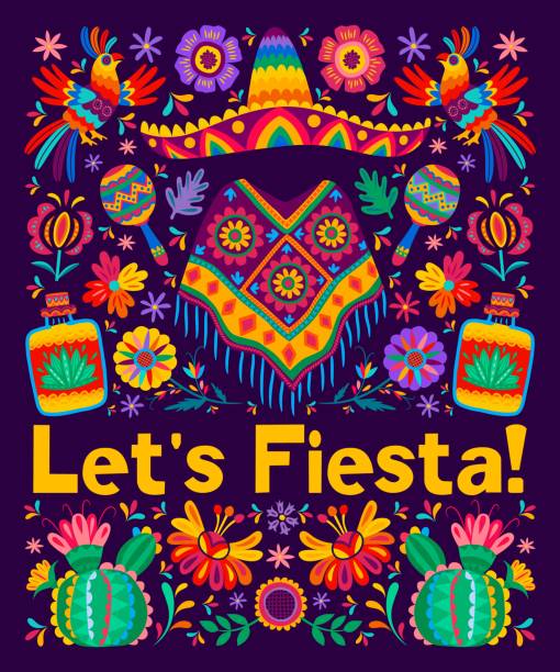 illustrazioni stock, clip art, cartoni animati e icone di tendenza di volantino o poster messicano del festival di let us fiesta - mexican culture cinco de mayo backgrounds sombrero