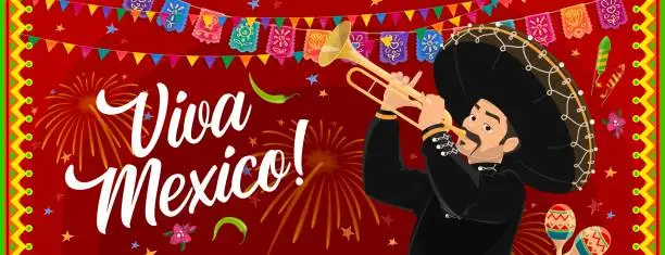 Vector illustration of Mariachi musician, Viva Mexico, Independence Day