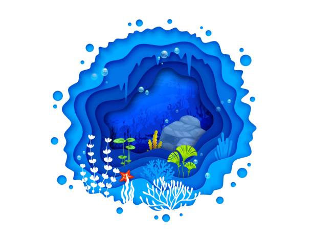 istock Cartoon tropical sea paper cut landscape, reef 1843697957