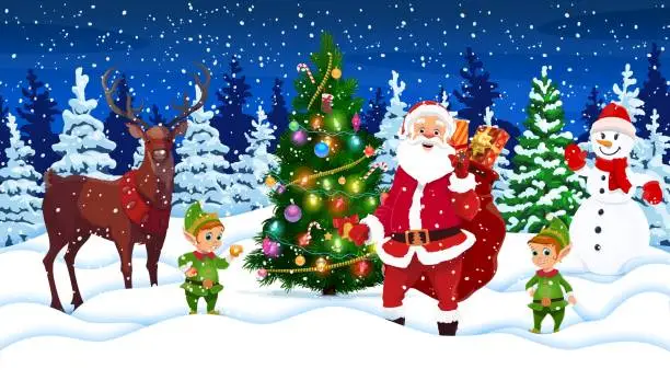 Vector illustration of Cartoon Santa with bag, Christmas tree, reindeer