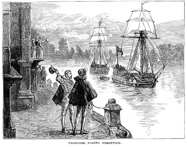 Martin Frobisher passing Greenwich "Vintage engraving from 1878 showing Martin Frobisher passing Greenwich. Sir Martin Frobisher 1535 or 1539 to 1594 was an English seaman who made three voyages to the New World to look for the Northwest Passage. All landed in northeastern Canada, around today's Resolution Island and Frobisher Bay. As an English privateer or pirate, he collected riches from French ships. He was later knighted for his service in repelling the Spanish Armada in 1588." lake martin stock illustrations